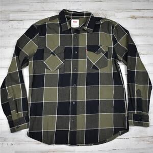 Levi's Button Up Plaid Shirt Men's Large Slim Fit Olive Green Black Check Skater